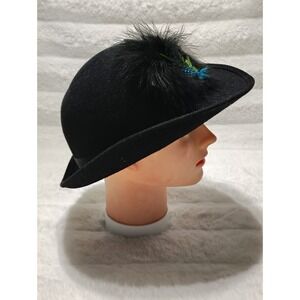 Vintage Woman's 100% Wool Hat Black w/ Feathers Made in USA Sz 21.5